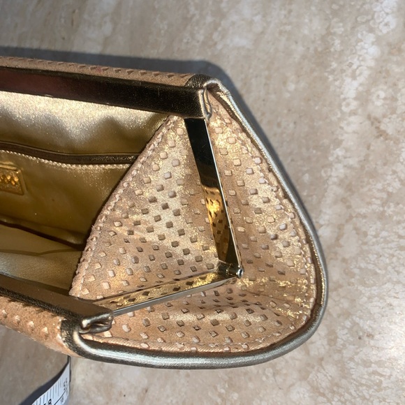 RODO metallic gold clutch, laser cut suede over satin, “kiss” lock. - Picture 9 of 17